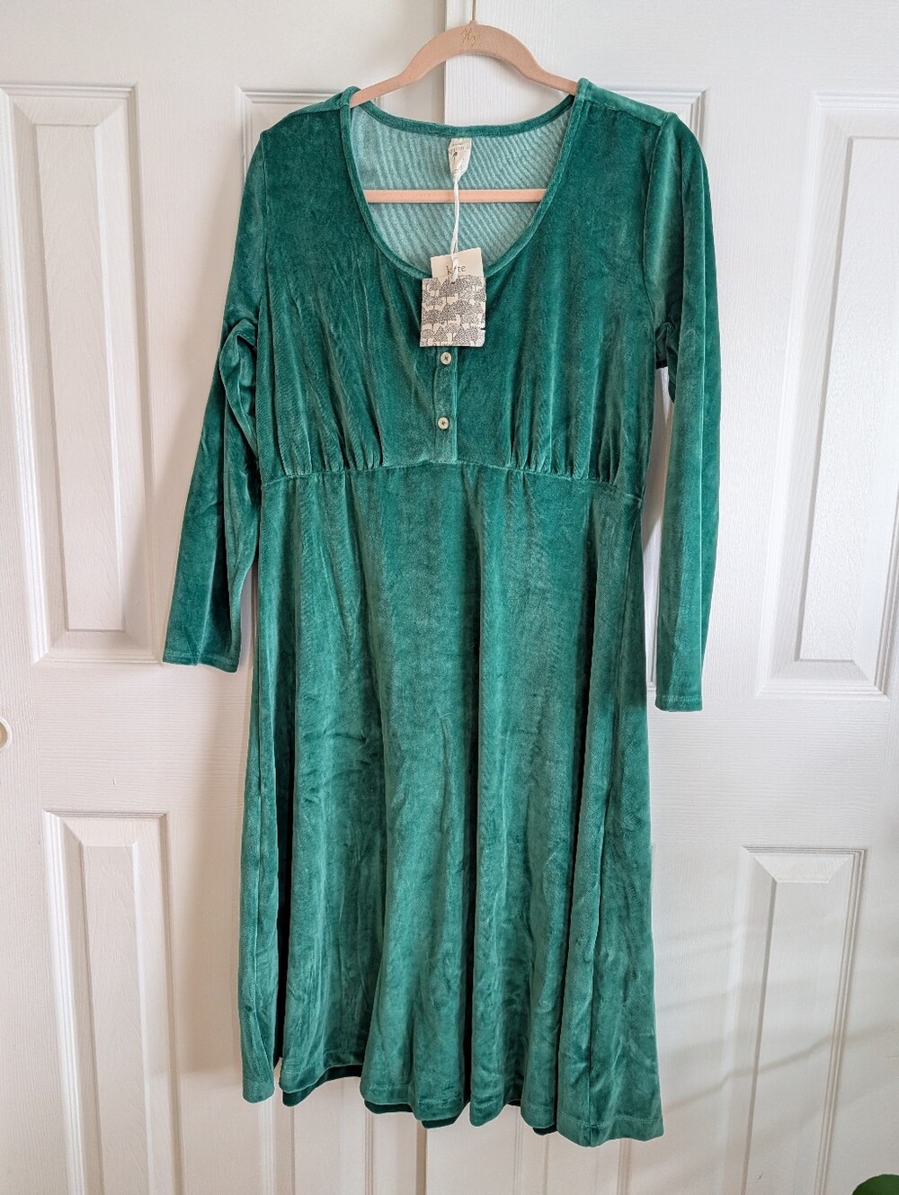 NWT Sz M Kate Quinn Women's Button-front Dress Green Velour Cotton
